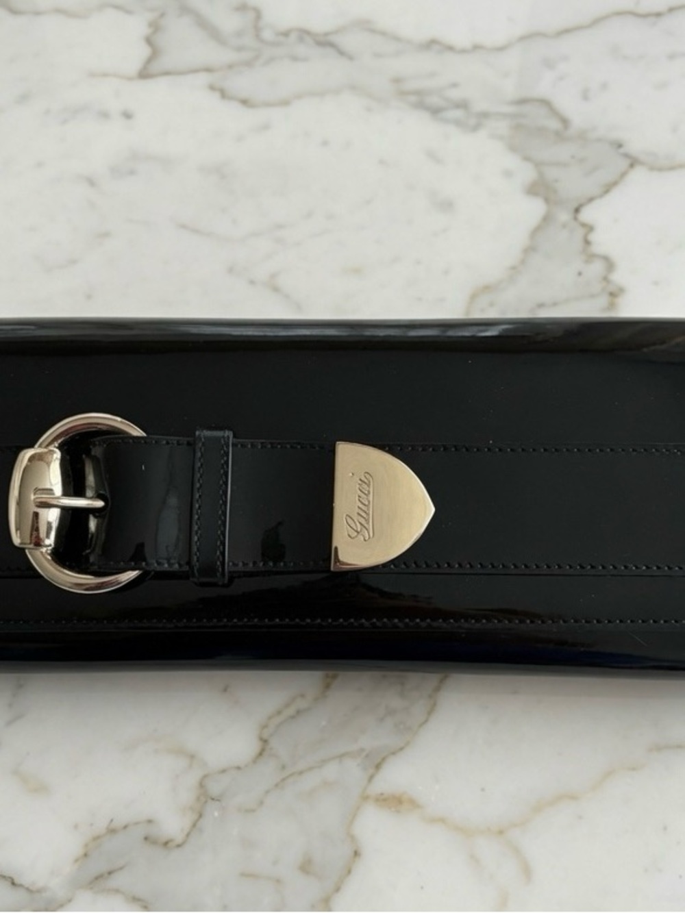 Vintage Gucci Black Patent Leather Belt Clutch Bag Evening Silver-Tone Hardware